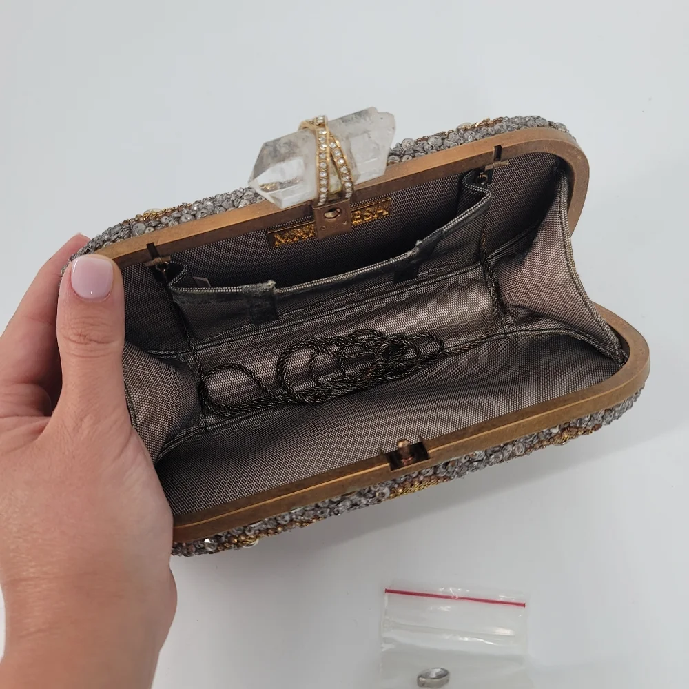 Marchesa Crystal Embellished Gold Evening Clutch with Strap and Dustbag